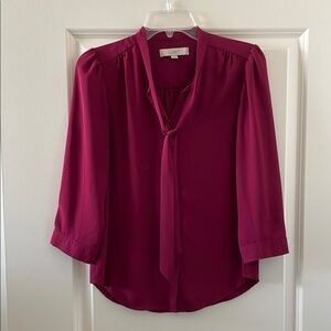 LOFT Pink Tie Front Blouse with Three-Quarter Sleeves